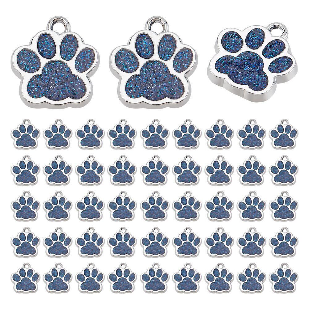 6445 50 Pcs Alloy Blue Glitter Dog Paw Print Charms for DIY Jewelry Making